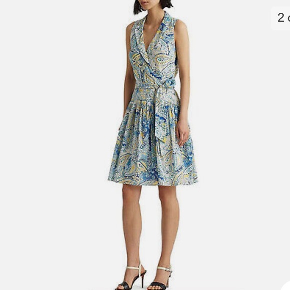 NWT Ralph Lauren White Yellow Blue Sleeveless Flare Dress Size 8P - Picture 2 of 9